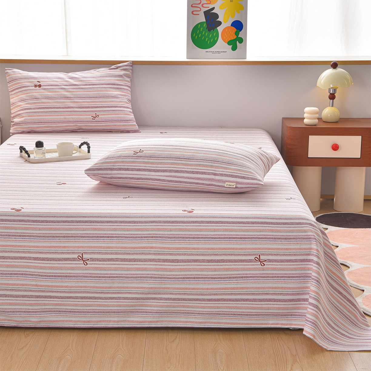 91家纺网 家纺一手货源 找家纺 曼尼 2026新款亲肤舒适原棉老粗布床单凉席三件套 蜜桃