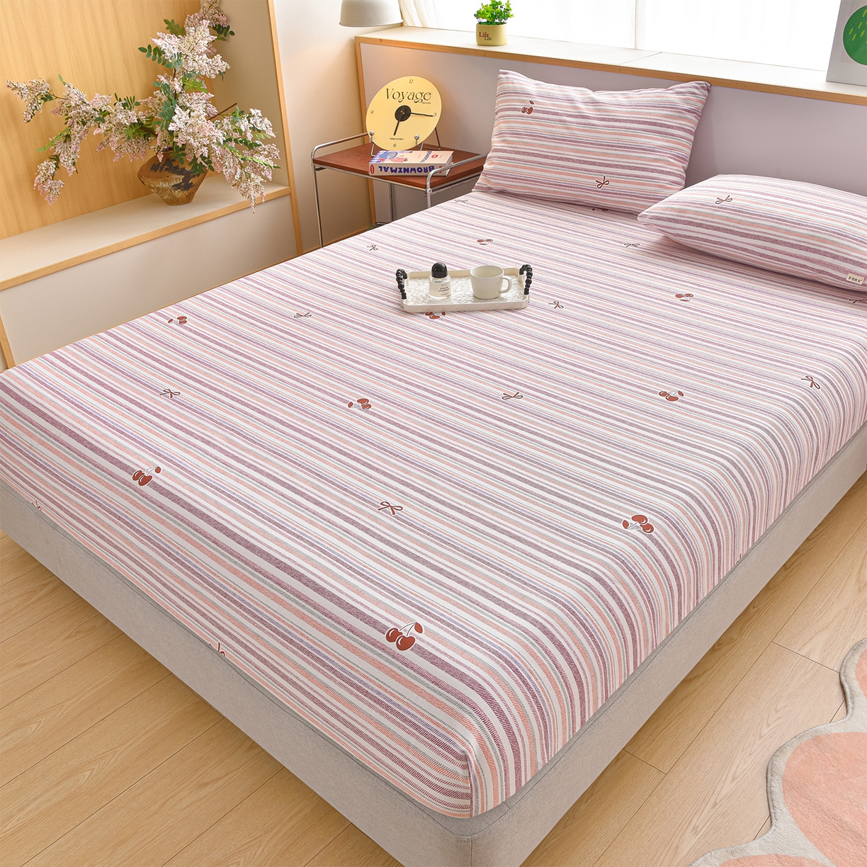 91家纺网 家纺一手货源 找家纺 曼尼 2026新款亲肤舒适原棉老粗布床单凉席三件套 蜜桃