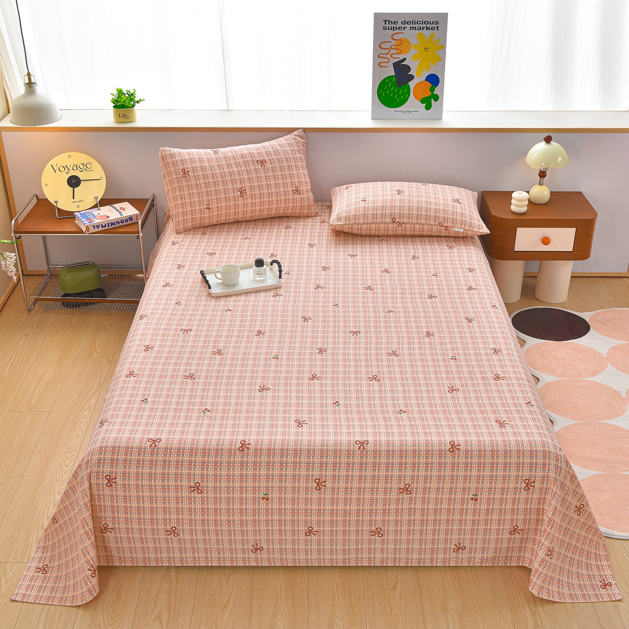 91家纺网 家纺一手货源 找家纺 曼尼 2026新款亲肤舒适原棉老粗布床单凉席三件套 小粉格