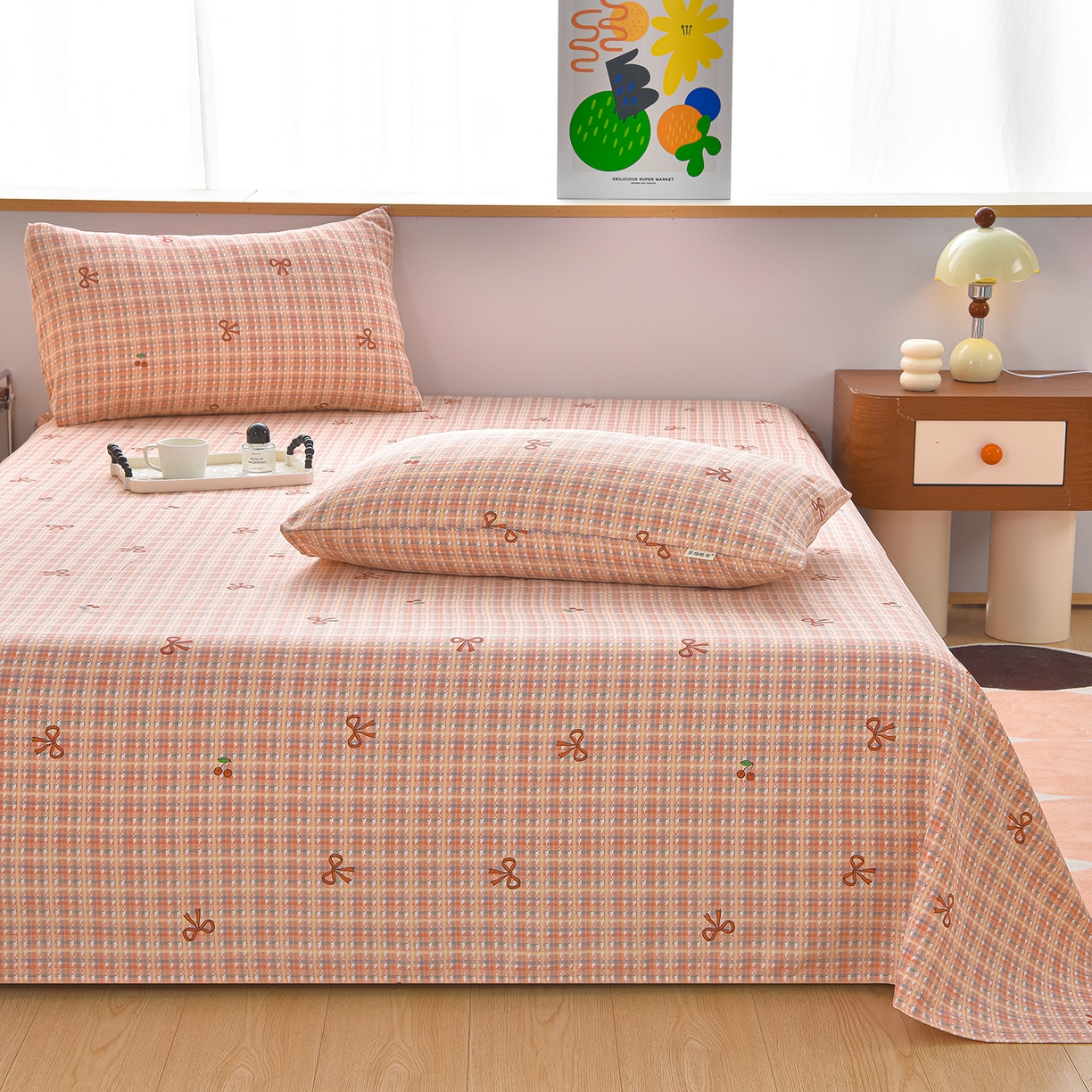 91家纺网 家纺一手货源 找家纺 曼尼 2026新款亲肤舒适原棉老粗布床单凉席三件套 小粉格