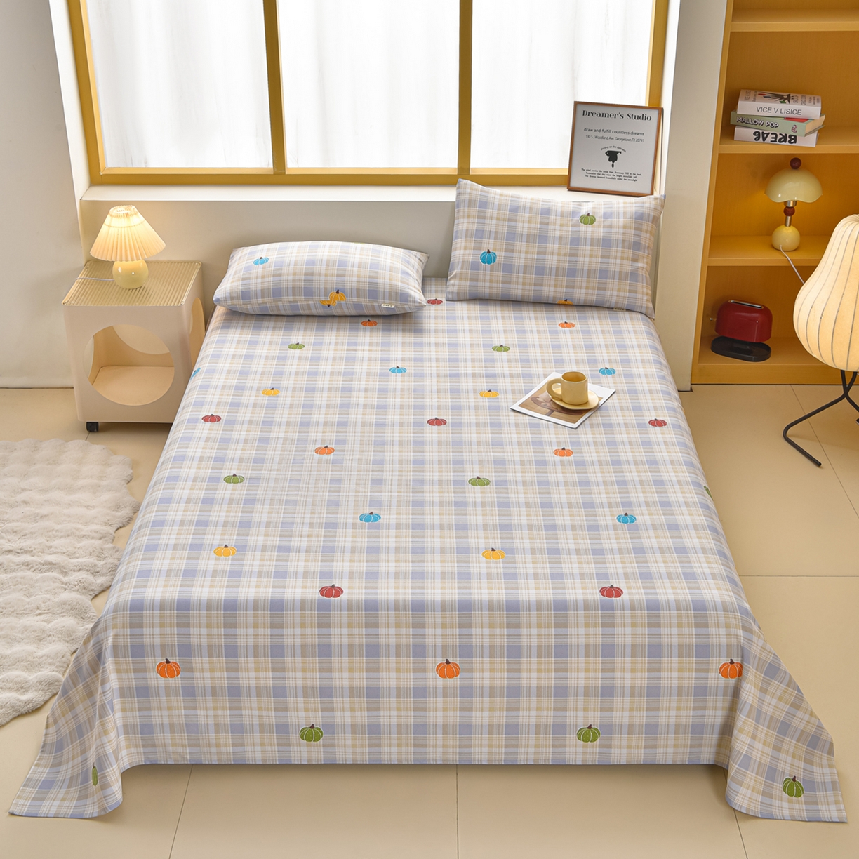 91家纺网 家纺一手货源 找家纺 曼尼 2026新款亲肤舒适原棉老粗布床单凉席三件套 小南瓜