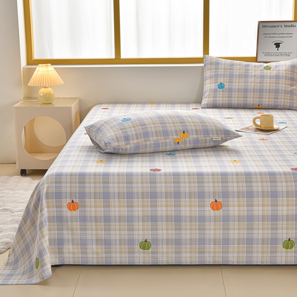 91家纺网 家纺一手货源 找家纺 曼尼 2026新款亲肤舒适原棉老粗布床单凉席三件套 小南瓜