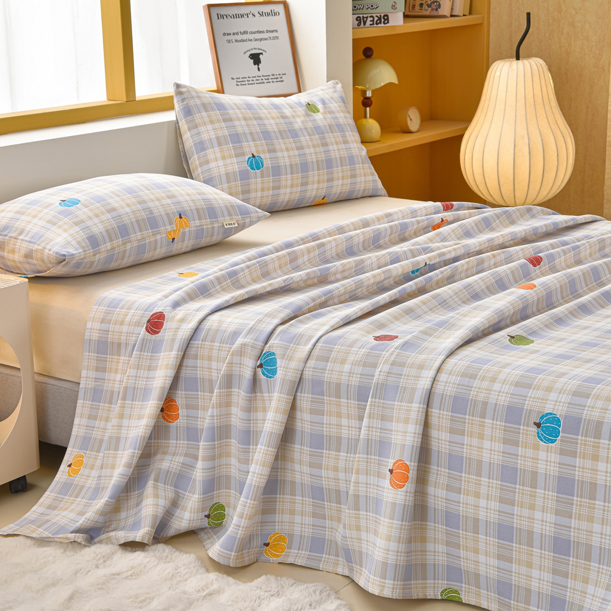 91家纺网 家纺一手货源 找家纺 曼尼 2026新款亲肤舒适原棉老粗布床单凉席三件套 小南瓜