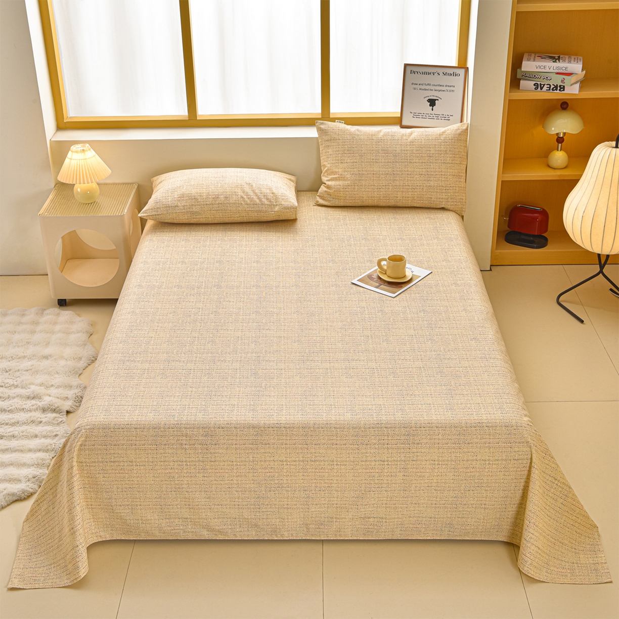 91家纺网 家纺一手货源 找家纺 曼尼 2026新款亲肤舒适原棉老粗布床单凉席三件套 小时光