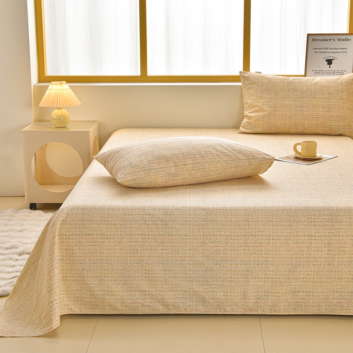 91家纺网 家纺一手货源 找家纺 曼尼 2026新款亲肤舒适原棉老粗布床单凉席三件套 小时光