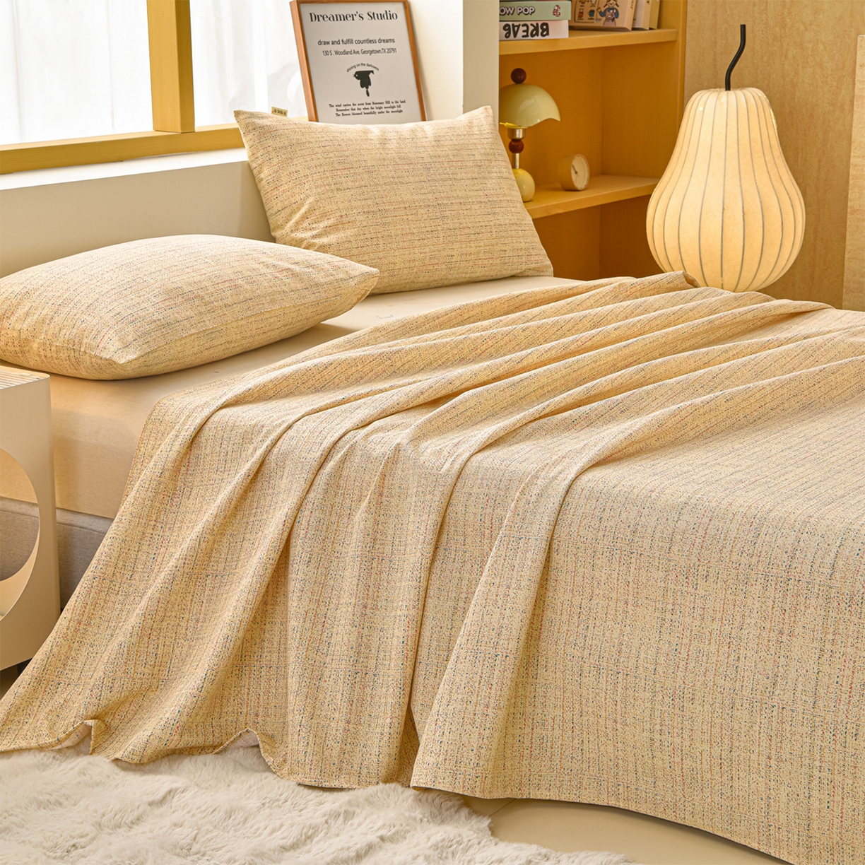 91家纺网 家纺一手货源 找家纺 曼尼 2026新款亲肤舒适原棉老粗布床单凉席三件套 小时光