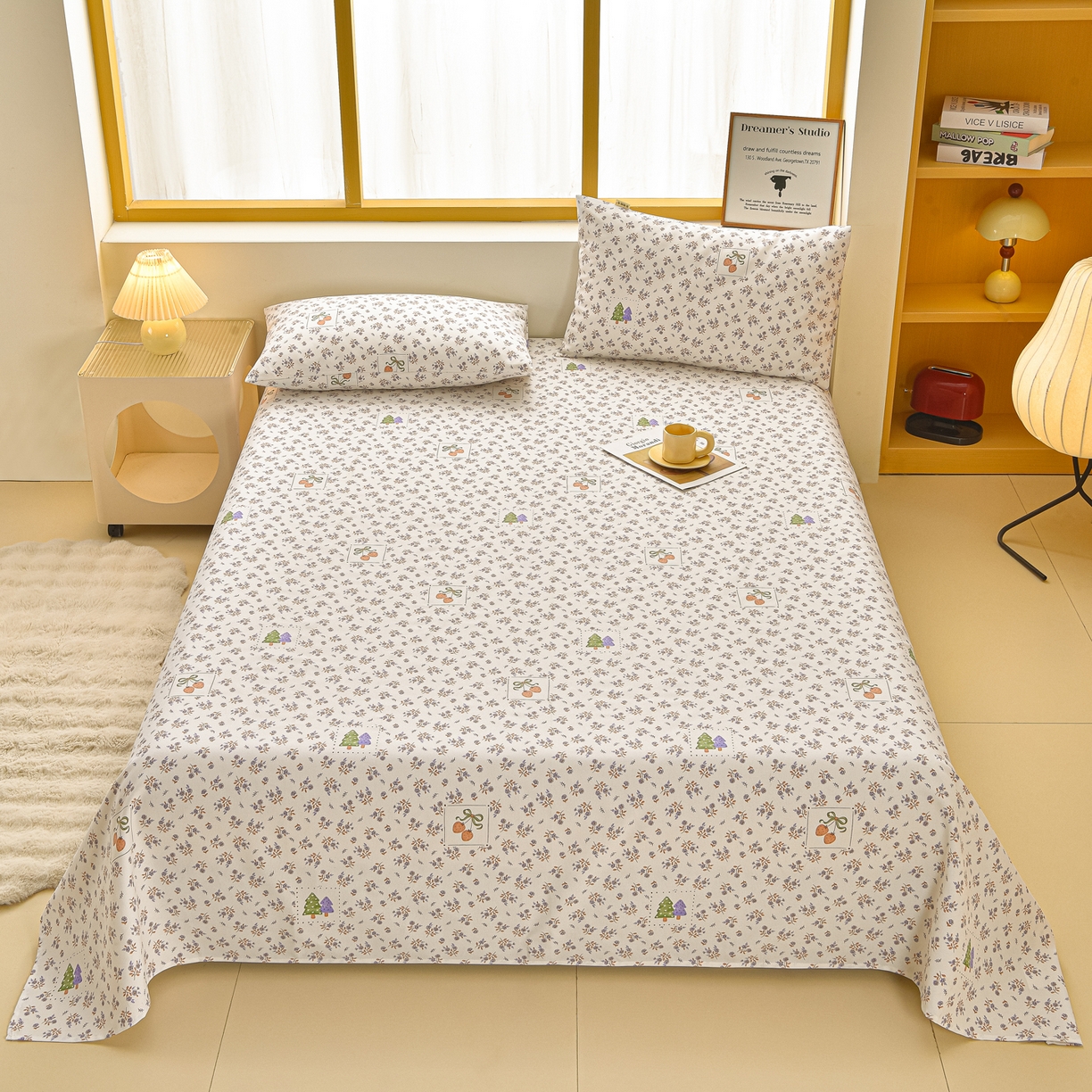 91家纺网 家纺一手货源 找家纺 曼尼 2026新款亲肤舒适原棉老粗布床单凉席三件套 小碎花