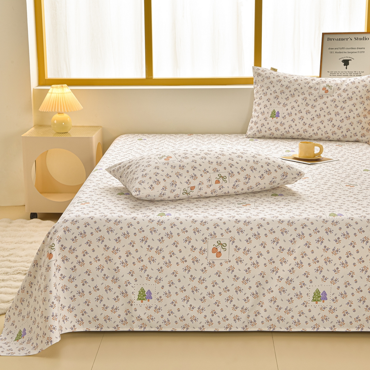 91家纺网 家纺一手货源 找家纺 曼尼 2026新款亲肤舒适原棉老粗布床单凉席三件套 小碎花