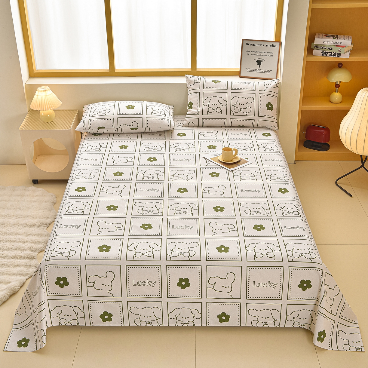 91家纺网 家纺一手货源 找家纺 曼尼 2026新款亲肤舒适原棉老粗布床单凉席三件套 幸运狗