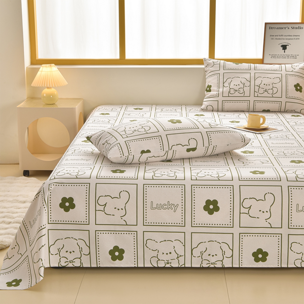 91家纺网 家纺一手货源 找家纺 曼尼 2026新款亲肤舒适原棉老粗布床单凉席三件套 幸运狗