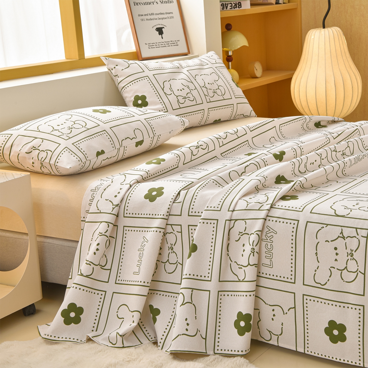 91家纺网 家纺一手货源 找家纺 曼尼 2026新款亲肤舒适原棉老粗布床单凉席三件套 幸运狗