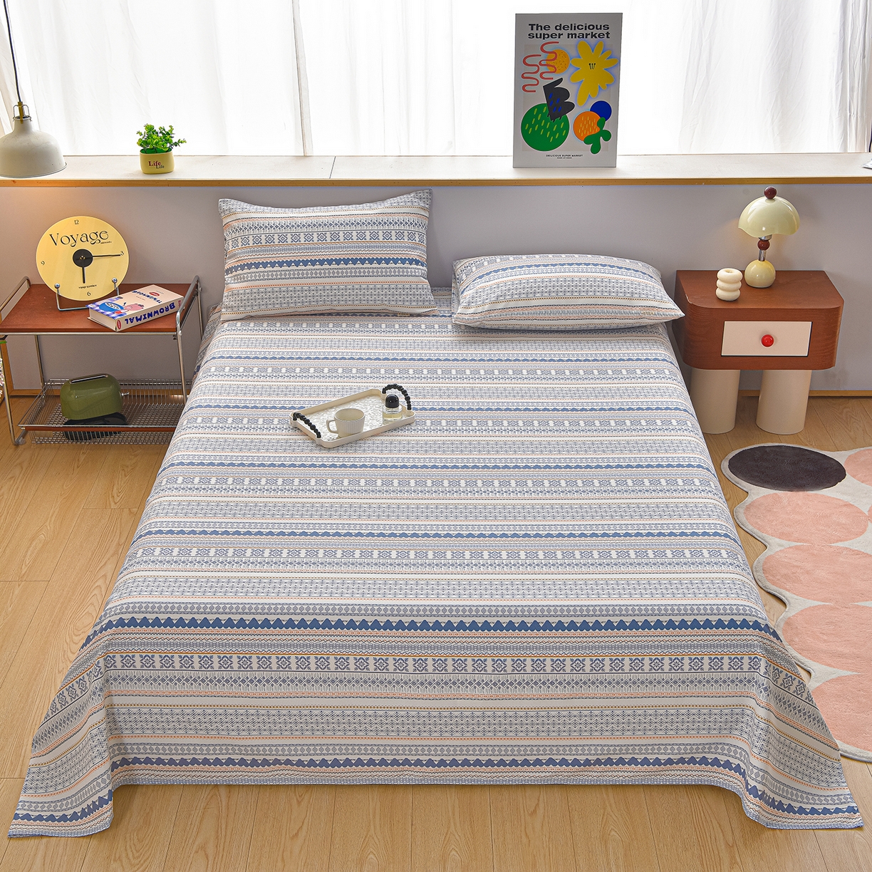 91家纺网 家纺一手货源 找家纺 曼尼 2026新款亲肤舒适原棉老粗布床单凉席三件套 休闲人生