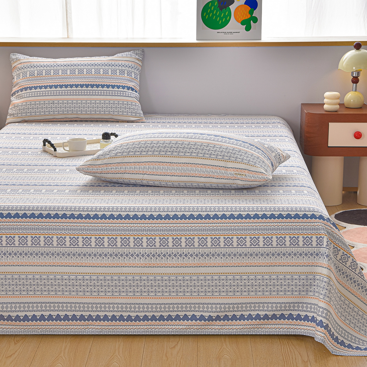 91家纺网 家纺一手货源 找家纺 曼尼 2026新款亲肤舒适原棉老粗布床单凉席三件套 休闲人生