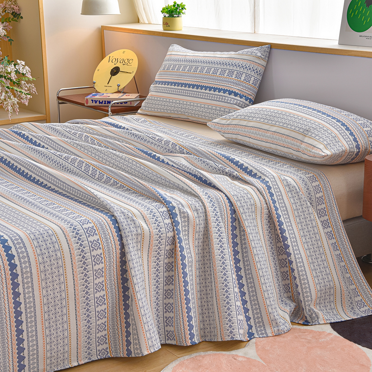 91家纺网 家纺一手货源 找家纺 曼尼 2026新款亲肤舒适原棉老粗布床单凉席三件套 休闲人生