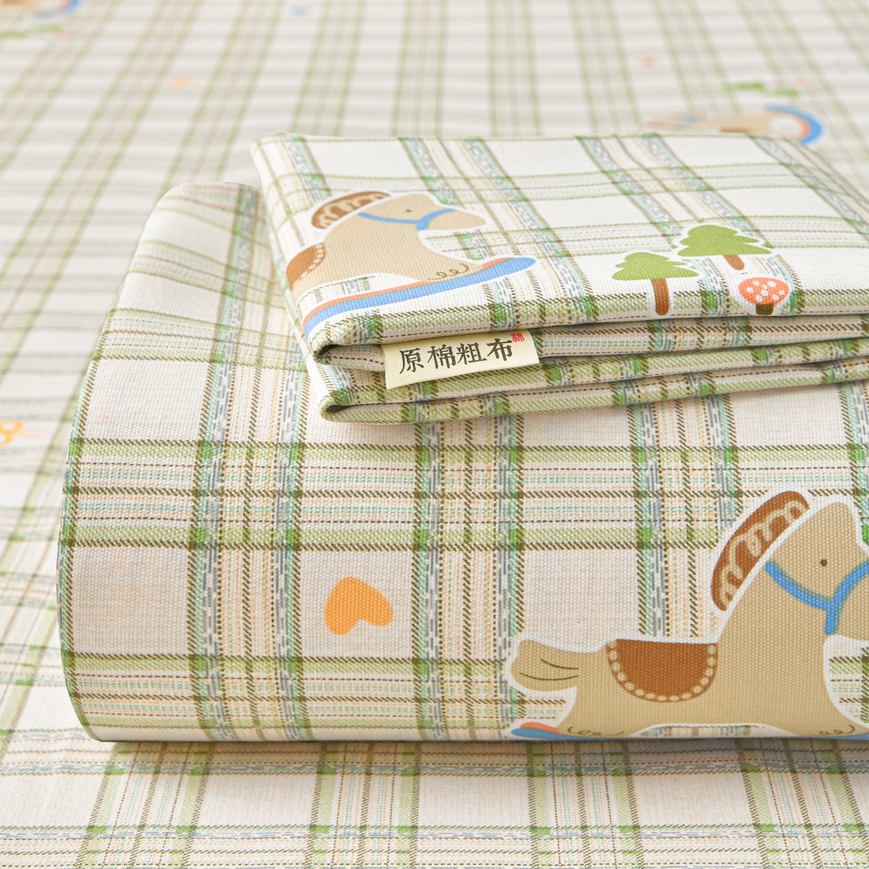 曼尼 2026新款亲肤舒适原棉老粗布床单凉席三件套 摇摇马