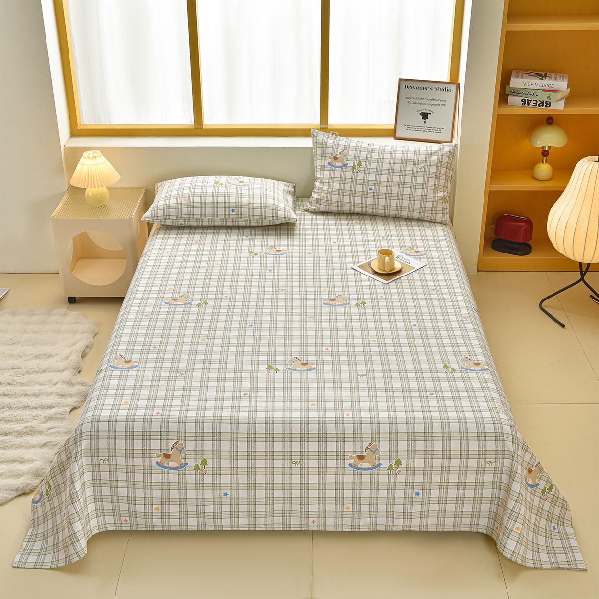 91家纺网 家纺一手货源 找家纺 曼尼 2026新款亲肤舒适原棉老粗布床单凉席三件套 摇摇马