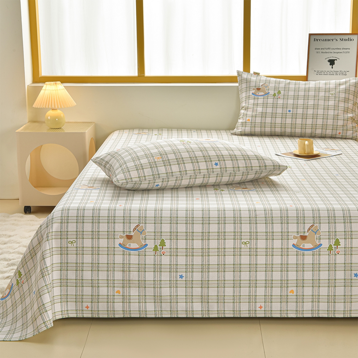 91家纺网 家纺一手货源 找家纺 曼尼 2026新款亲肤舒适原棉老粗布床单凉席三件套 摇摇马