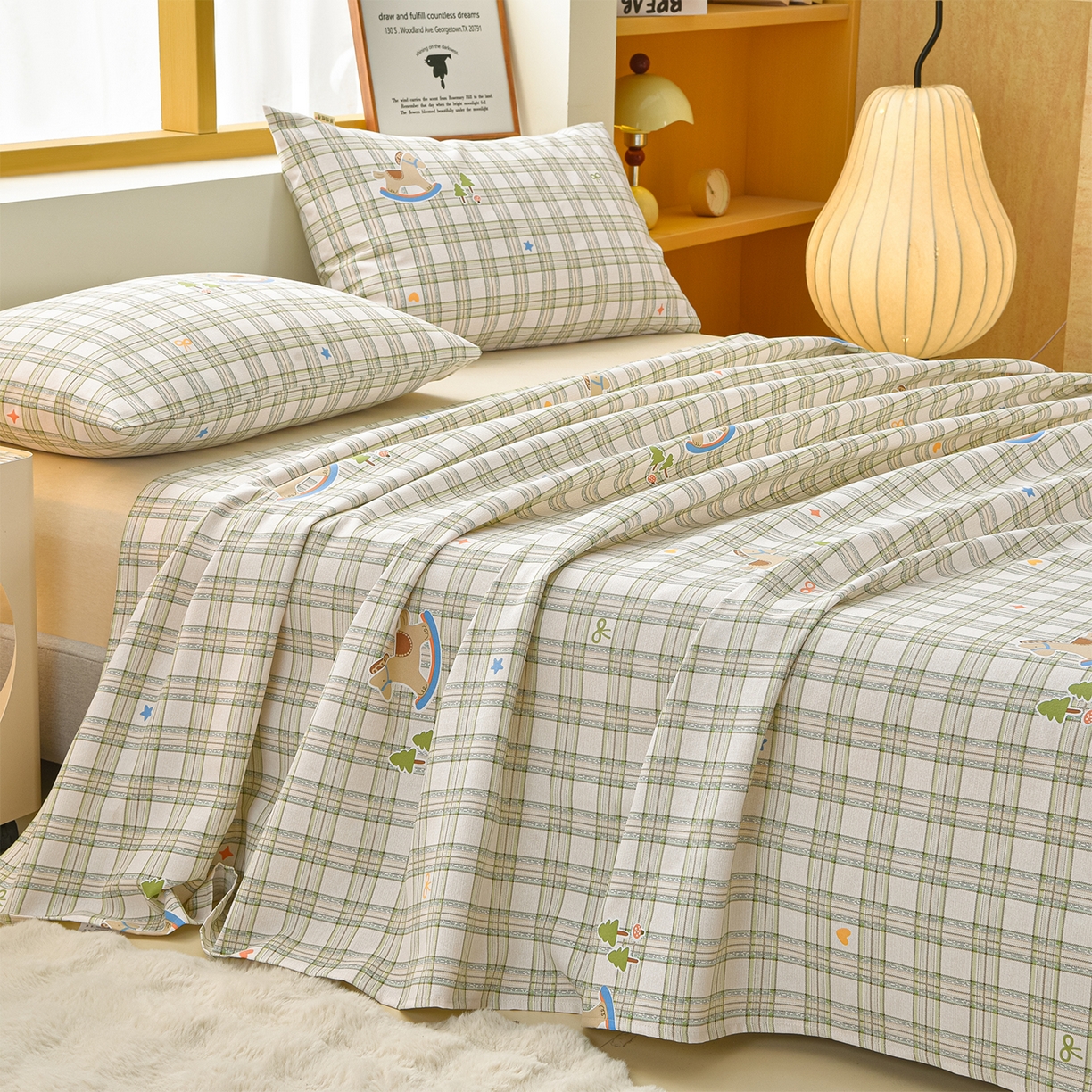 91家纺网 家纺一手货源 找家纺 曼尼 2026新款亲肤舒适原棉老粗布床单凉席三件套 摇摇马