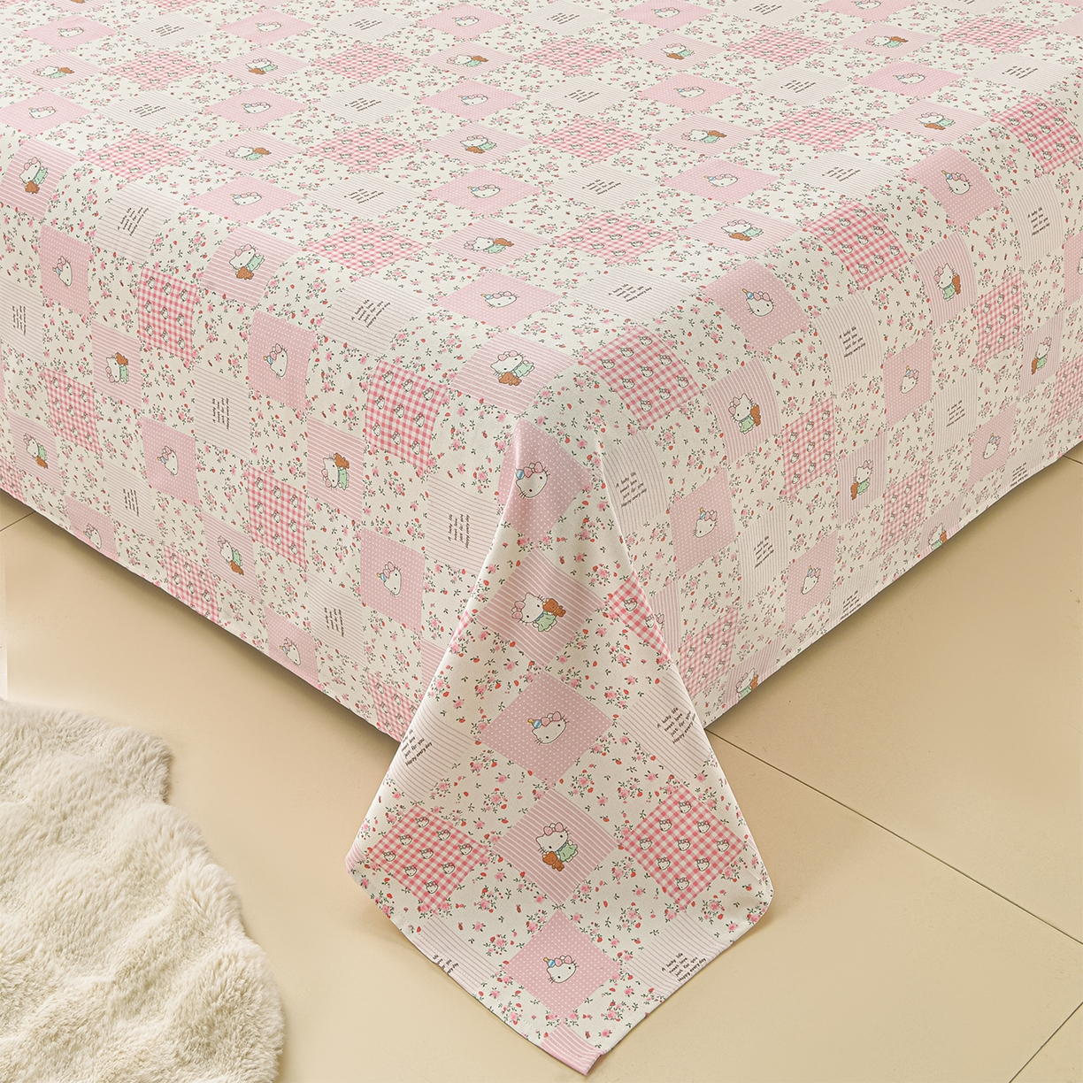 91家纺网 家纺一手货源 找家纺 曼尼 2026新款亲肤舒适原棉老粗布床单凉席三件套 KT猫