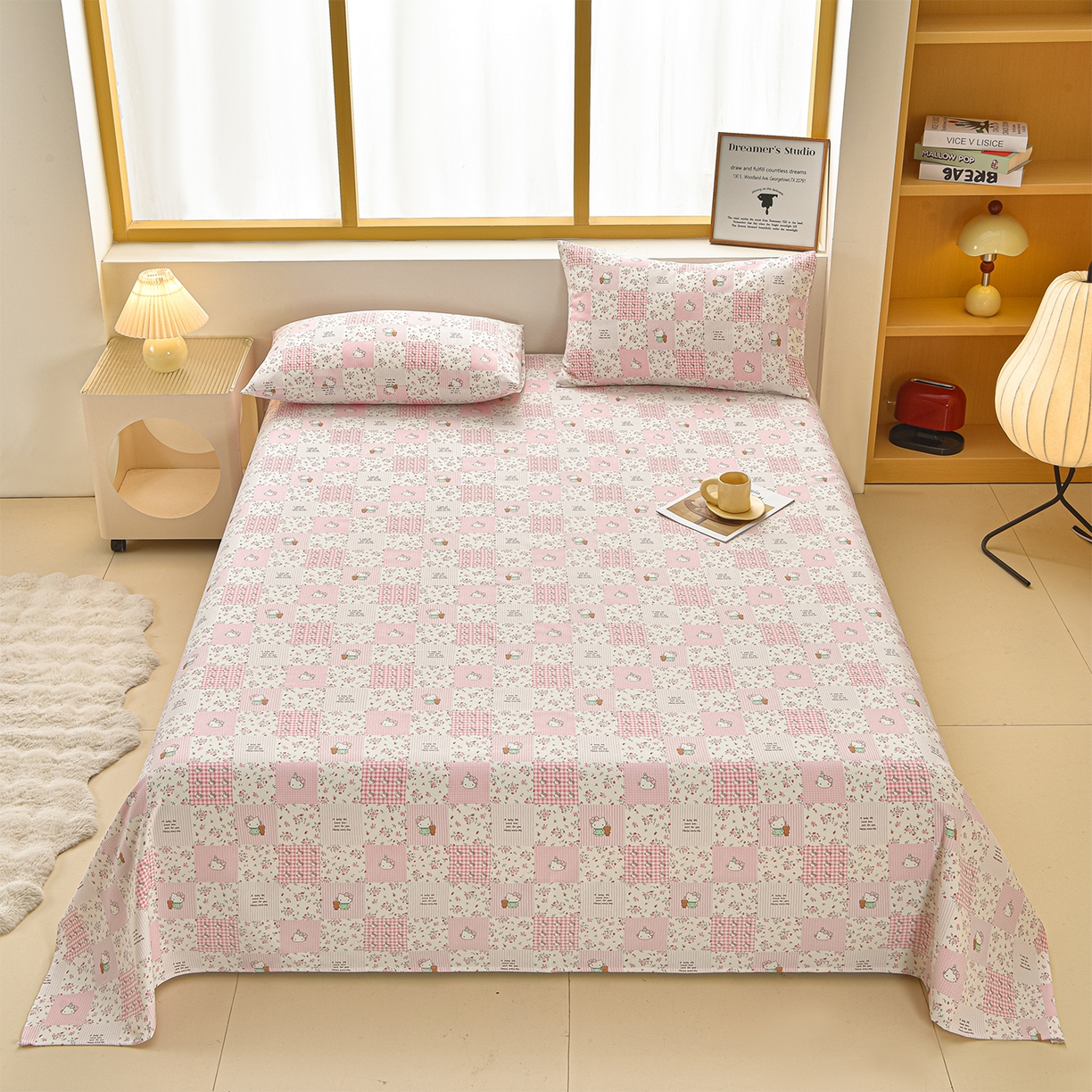 91家纺网 家纺一手货源 找家纺 曼尼 2026新款亲肤舒适原棉老粗布床单凉席三件套 KT猫