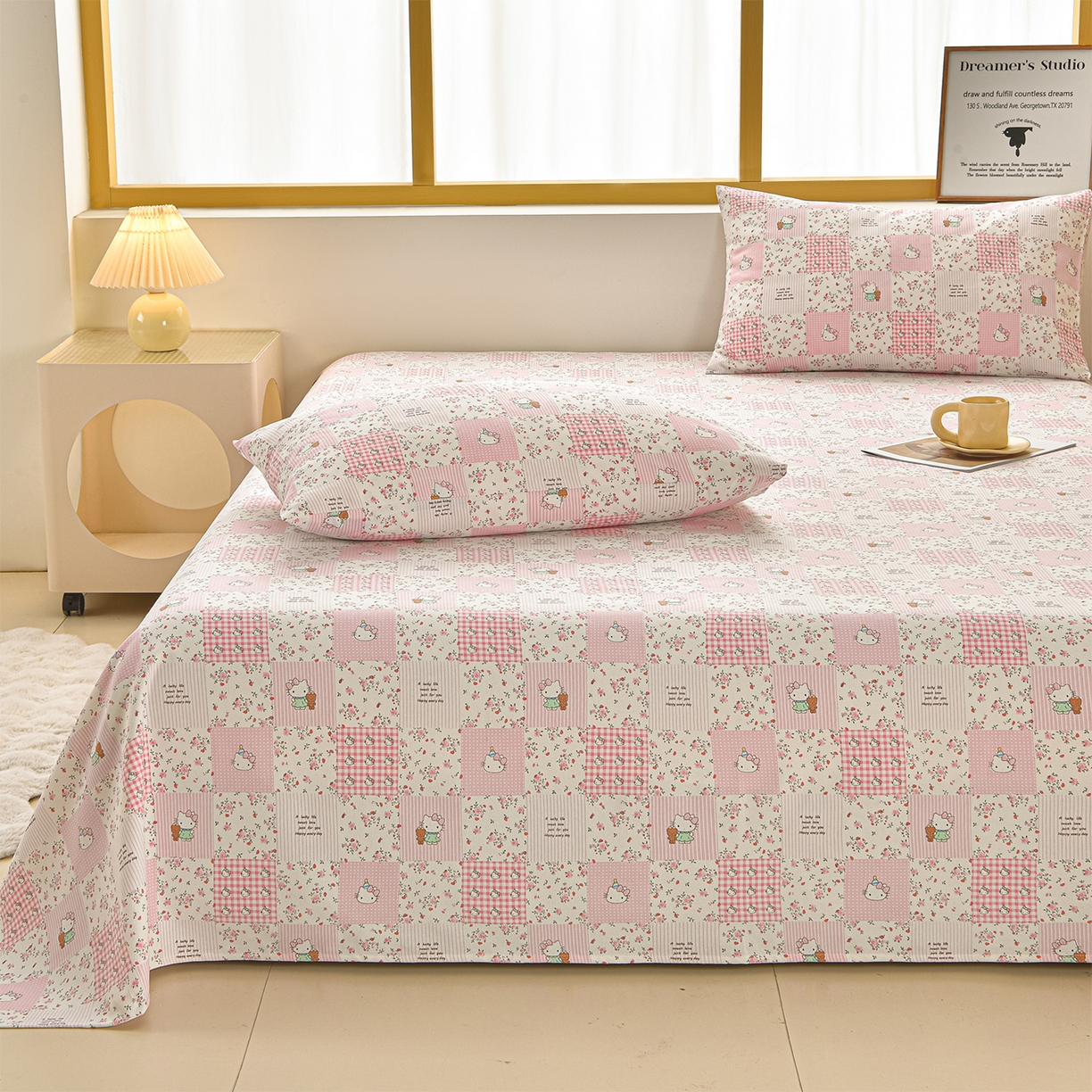 91家纺网 家纺一手货源 找家纺 曼尼 2026新款亲肤舒适原棉老粗布床单凉席三件套 KT猫