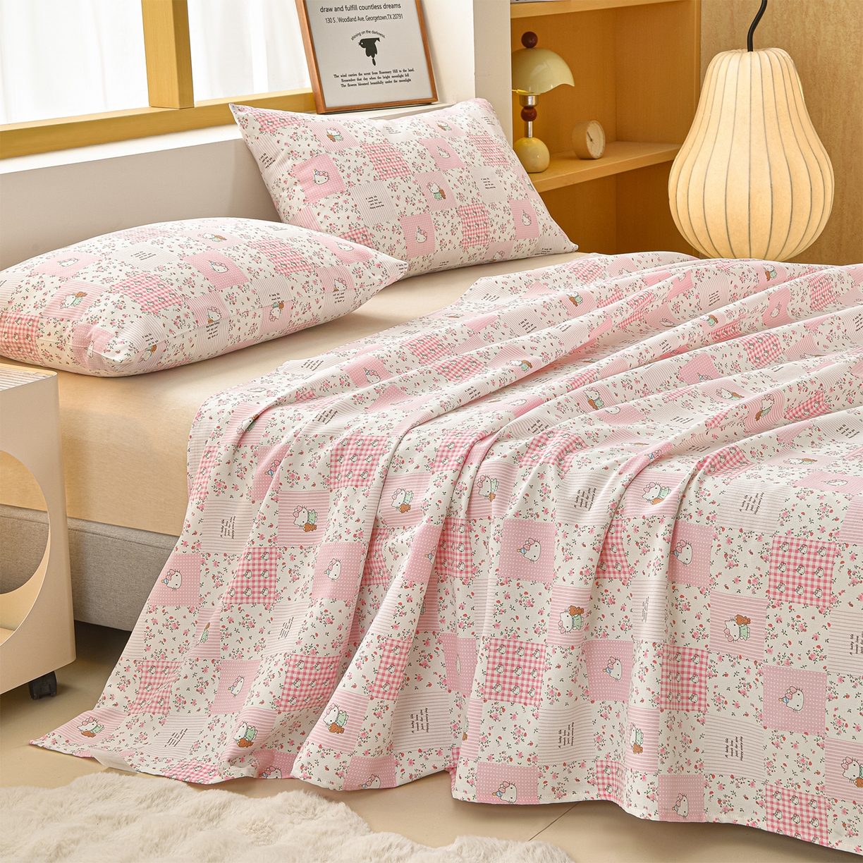 91家纺网 家纺一手货源 找家纺 曼尼 2026新款亲肤舒适原棉老粗布床单凉席三件套 KT猫