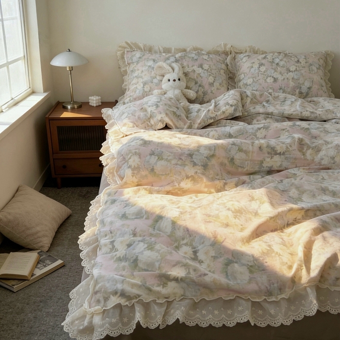 91家纺网 家纺一手货源 找家纺 （总）荣轩家居 2026新款韩式浪漫花边工艺款全棉纯棉双层纱四件套（铺床版）