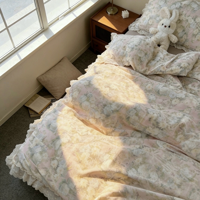 91家纺网 家纺一手货源 找家纺 荣轩家居 2026新款韩式浪漫花边工艺款全棉纯棉双层纱四件套（铺床版）海棠云栖