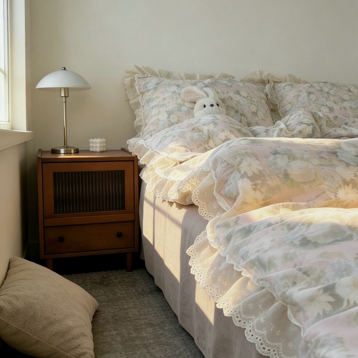 91家纺网 家纺一手货源 找家纺 荣轩家居 2026新款韩式浪漫花边工艺款全棉纯棉双层纱四件套（铺床版）海棠云栖