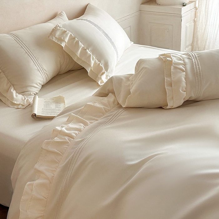 91家纺网 家纺一手货源 找家纺 苏源家居 2026新款亲肤棉磨毛双层荷叶边埋绳公主风四件套-洛莉 洛莉米白