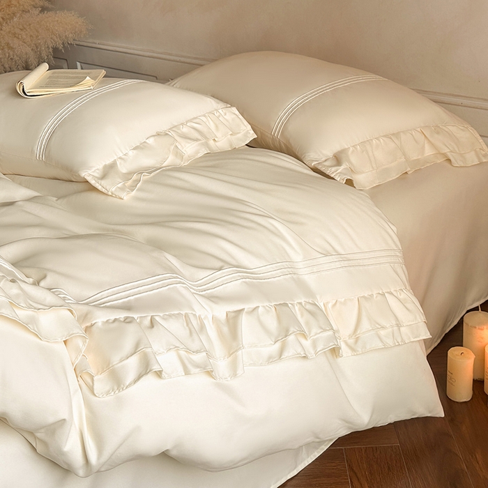 91家纺网 家纺一手货源 找家纺 苏源家居 2026新款亲肤棉磨毛双层荷叶边埋绳公主风四件套-洛莉 洛莉米白