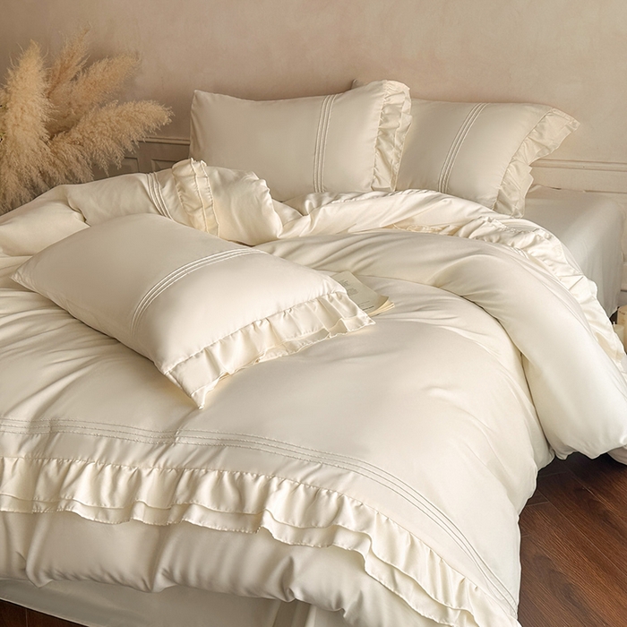 苏源家居 2026新款亲肤棉磨毛双层荷叶边埋绳公主风四件套-洛莉 洛莉米白