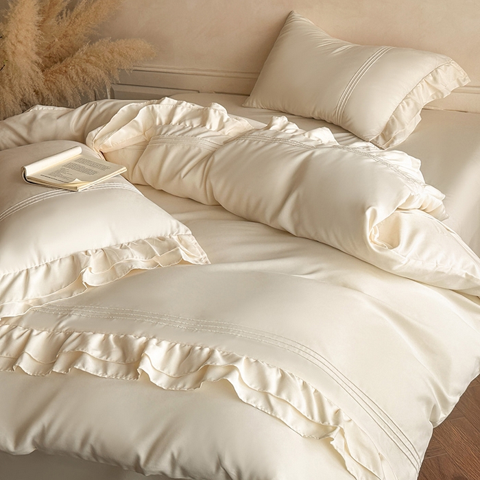 91家纺网 家纺一手货源 找家纺 苏源家居 2026新款亲肤棉磨毛双层荷叶边埋绳公主风四件套-洛莉 洛莉米白