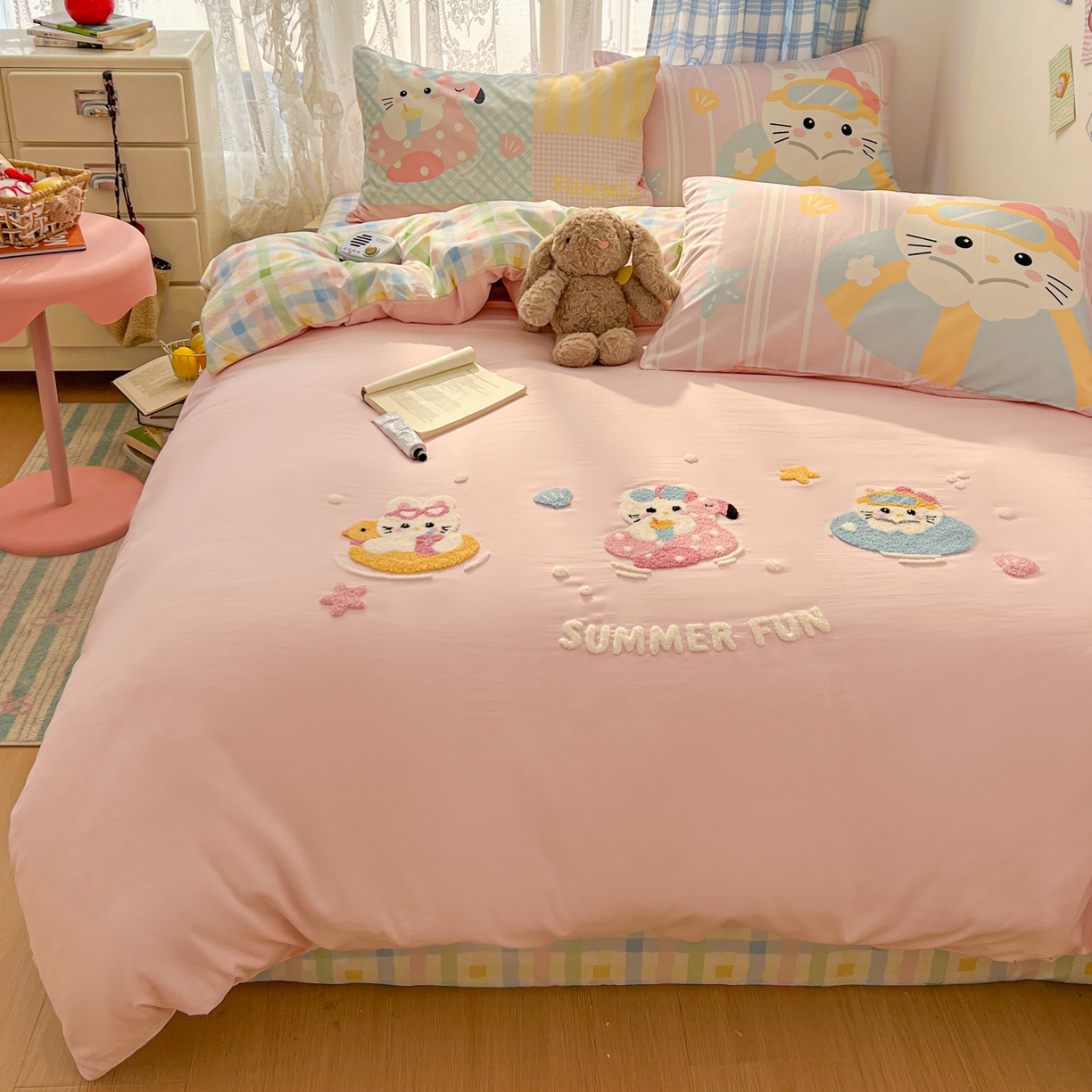 沐慕 2026新款加厚款水洗棉云朵棉大版立体毛巾绣四件套 夏日喵星