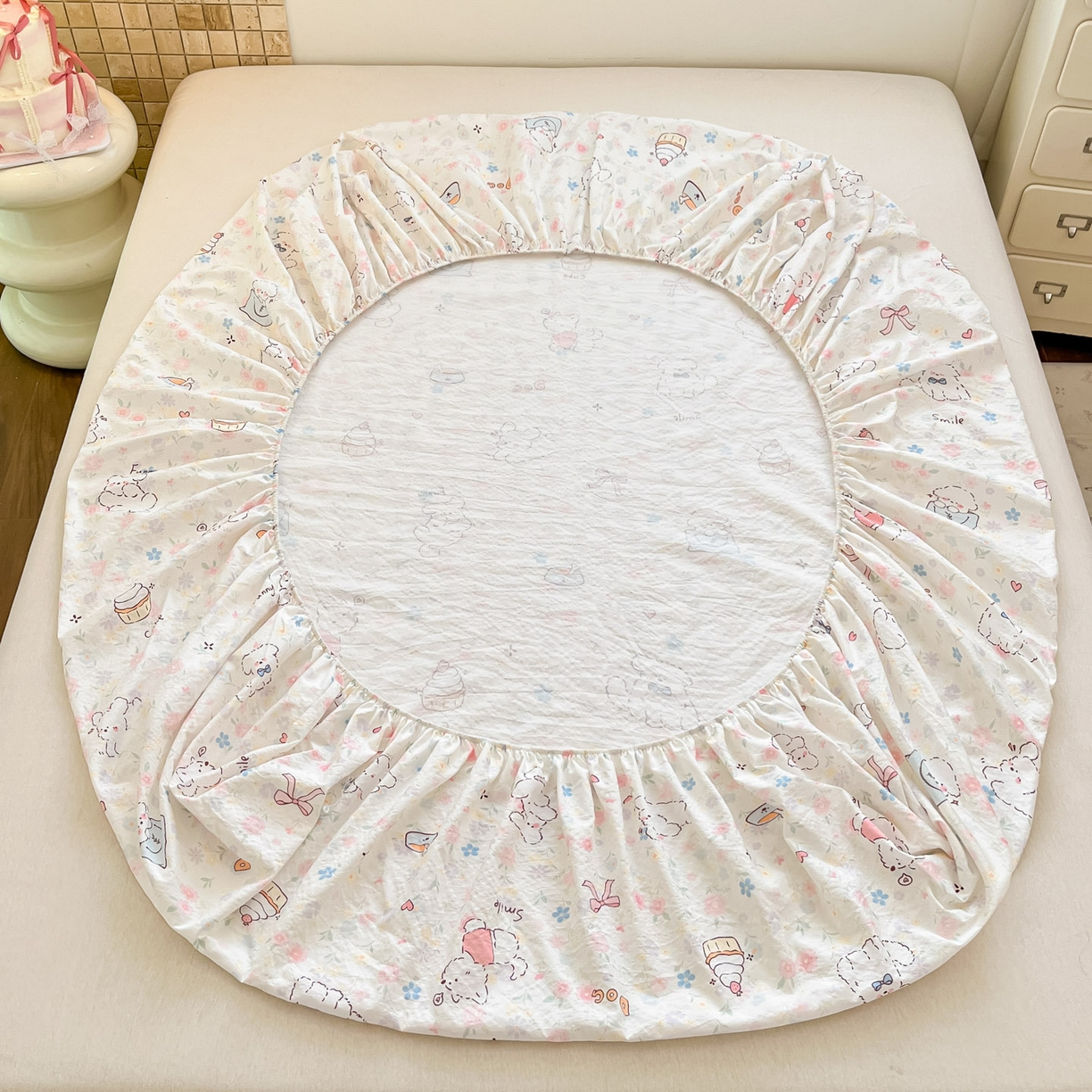 91家纺网 家纺一手货源 找家纺 川悦生活 2026春夏新款双层纱皱皱纱单床笠床笠单件 床笠嘟嘟花园