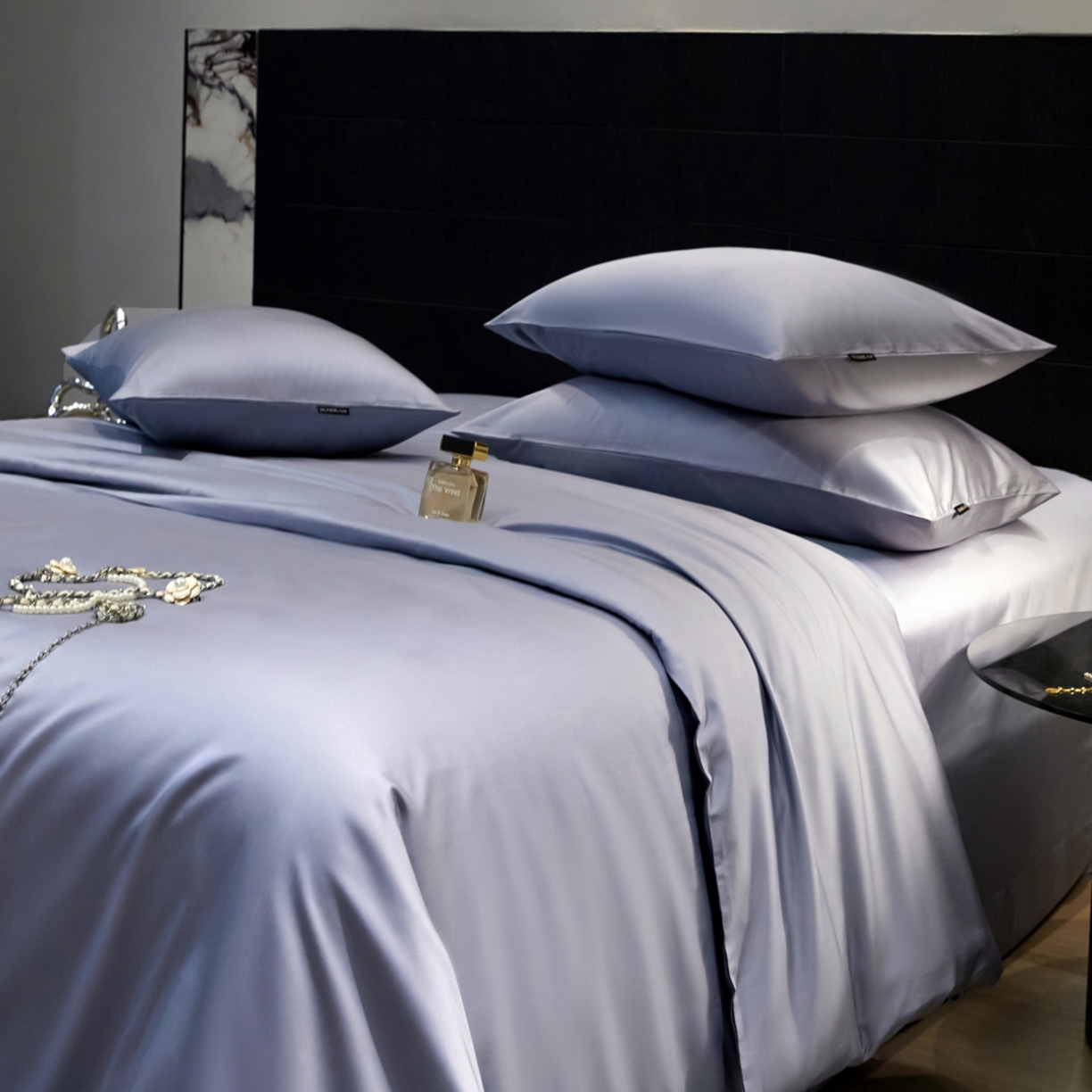 91家纺网 家纺一手货源 找家纺 秀色家纺 2026新款100Pro+高级感轻奢天丝四件套长绒棉新疆纯色双拼凉感夏季裸睡4件 Air天丝棉-星雾蓝