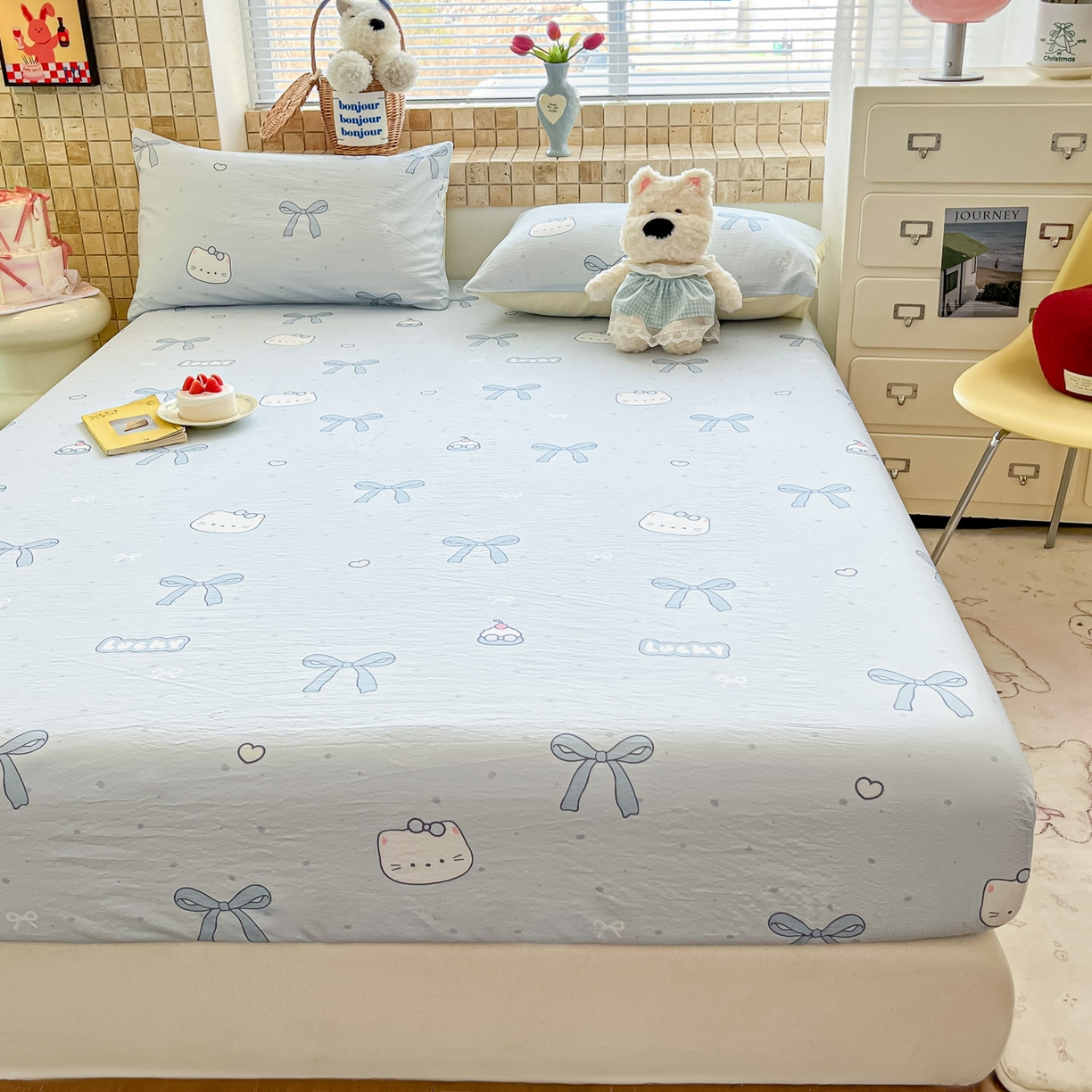 91家纺网 家纺一手货源 找家纺 川悦生活 2026春夏新款双层纱皱皱纱单床笠床笠单件 床笠海盐小咪