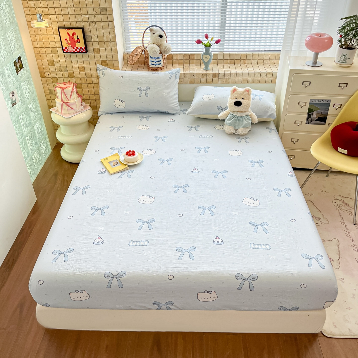 91家纺网 家纺一手货源 找家纺 川悦生活 2026春夏新款双层纱皱皱纱单床笠床笠单件 床笠海盐小咪