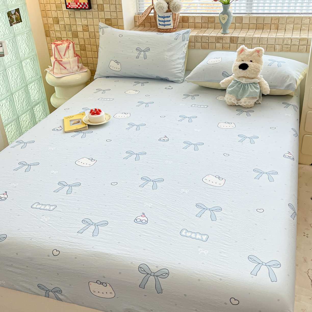 91家纺网 家纺一手货源 找家纺 川悦生活 2026春夏新款双层纱皱皱纱单床笠床笠单件 床笠海盐小咪