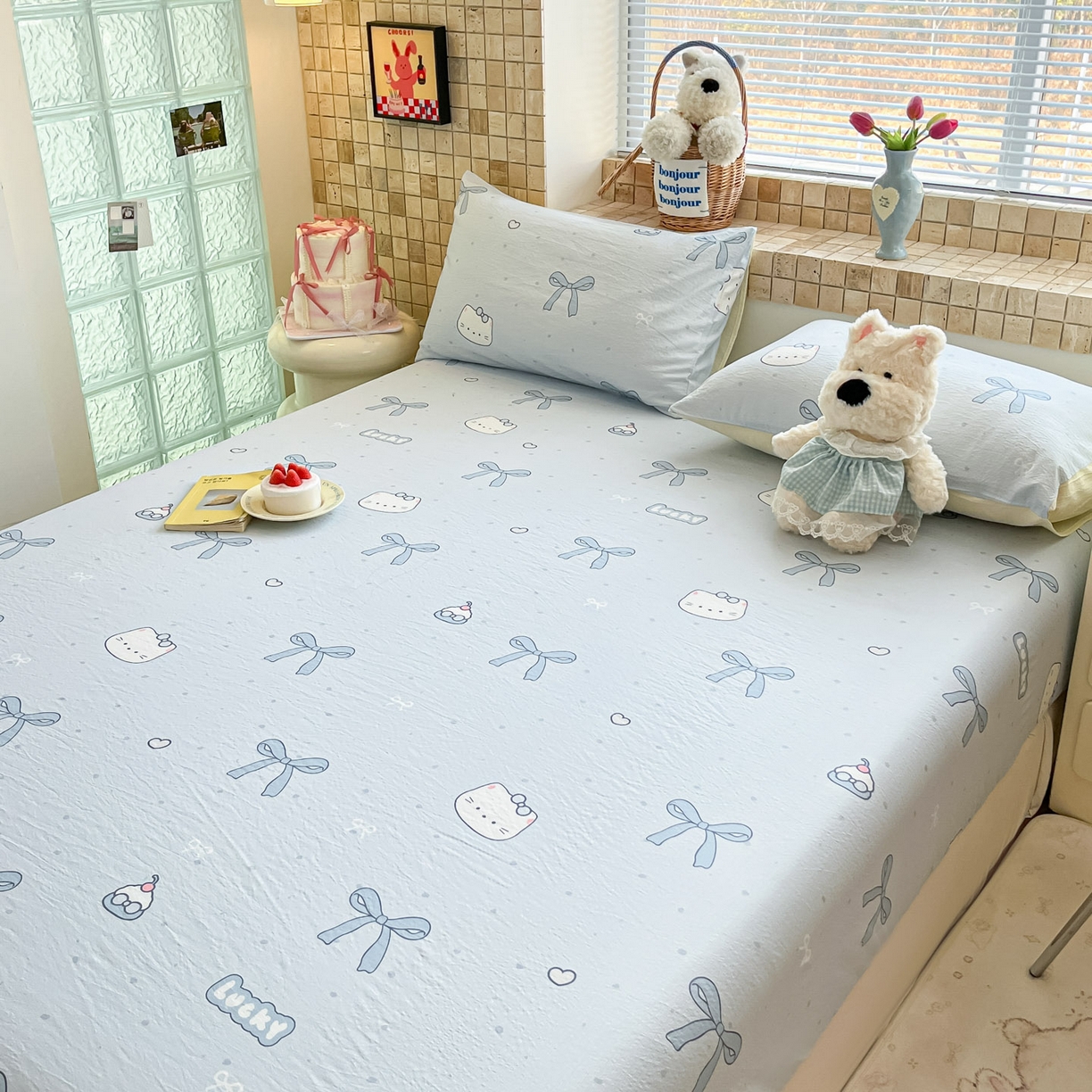 91家纺网 家纺一手货源 找家纺 川悦生活 2026春夏新款双层纱皱皱纱单床笠床笠单件 床笠海盐小咪