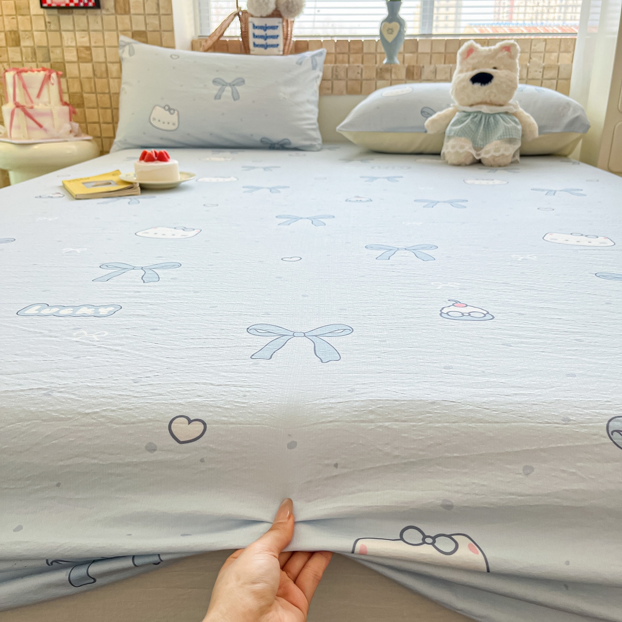 91家纺网 家纺一手货源 找家纺 川悦生活 2026春夏新款双层纱皱皱纱单床笠床笠单件 床笠海盐小咪