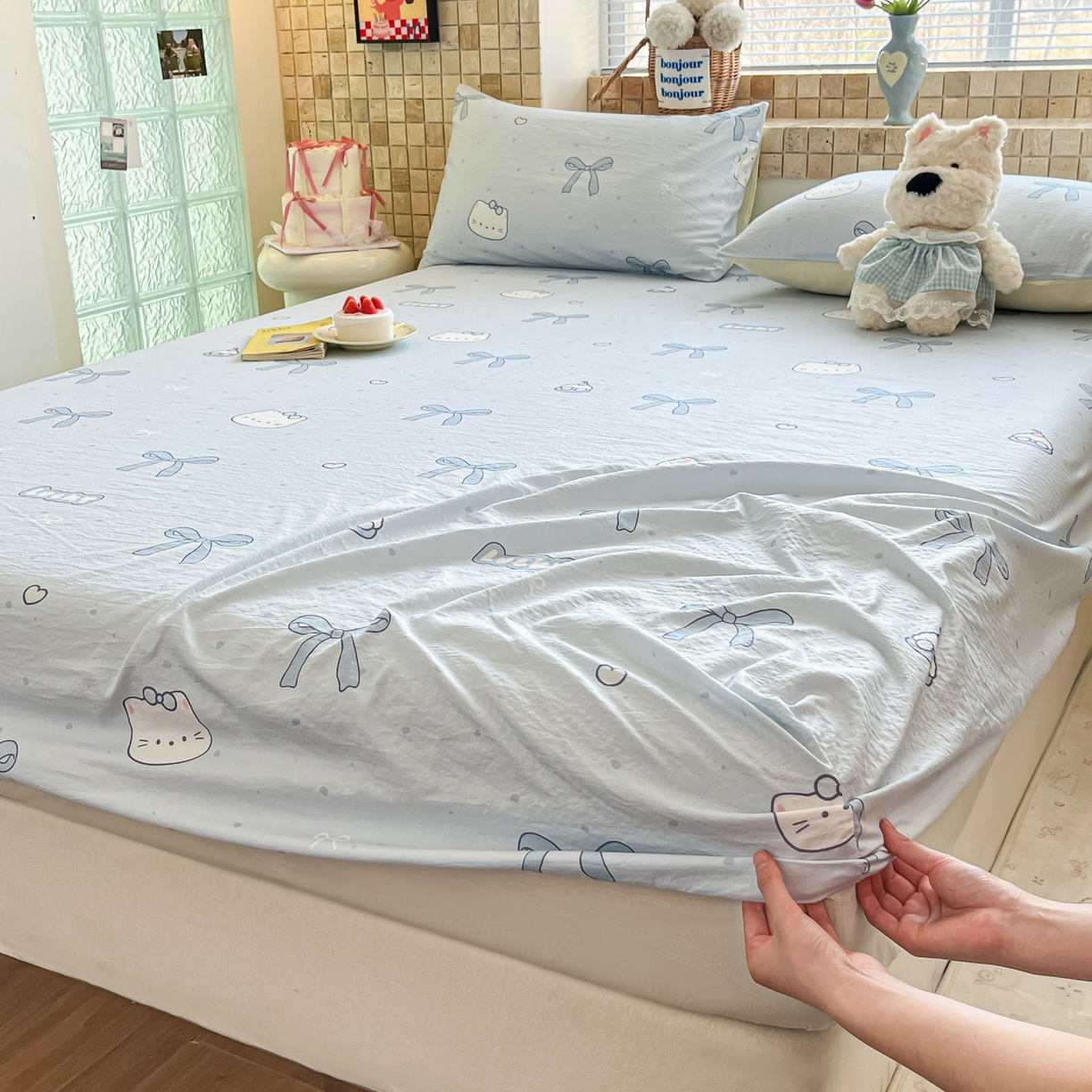 91家纺网 家纺一手货源 找家纺 川悦生活 2026春夏新款双层纱皱皱纱单床笠床笠单件 床笠海盐小咪