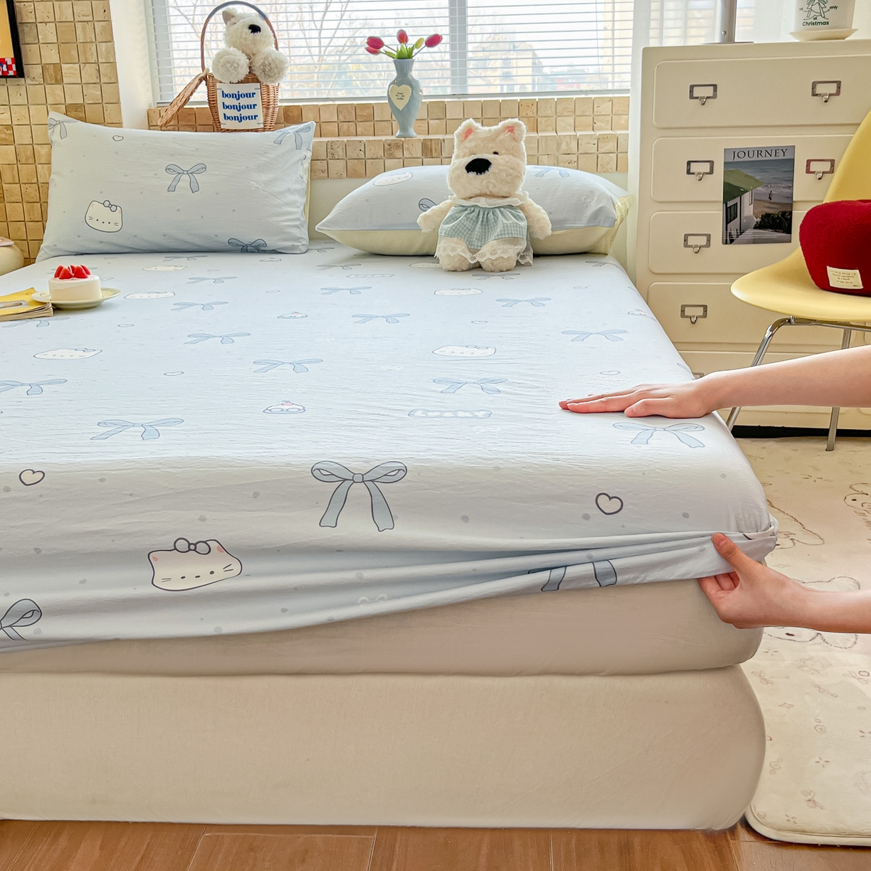 91家纺网 家纺一手货源 找家纺 川悦生活 2026春夏新款双层纱皱皱纱单床笠床笠单件 床笠海盐小咪