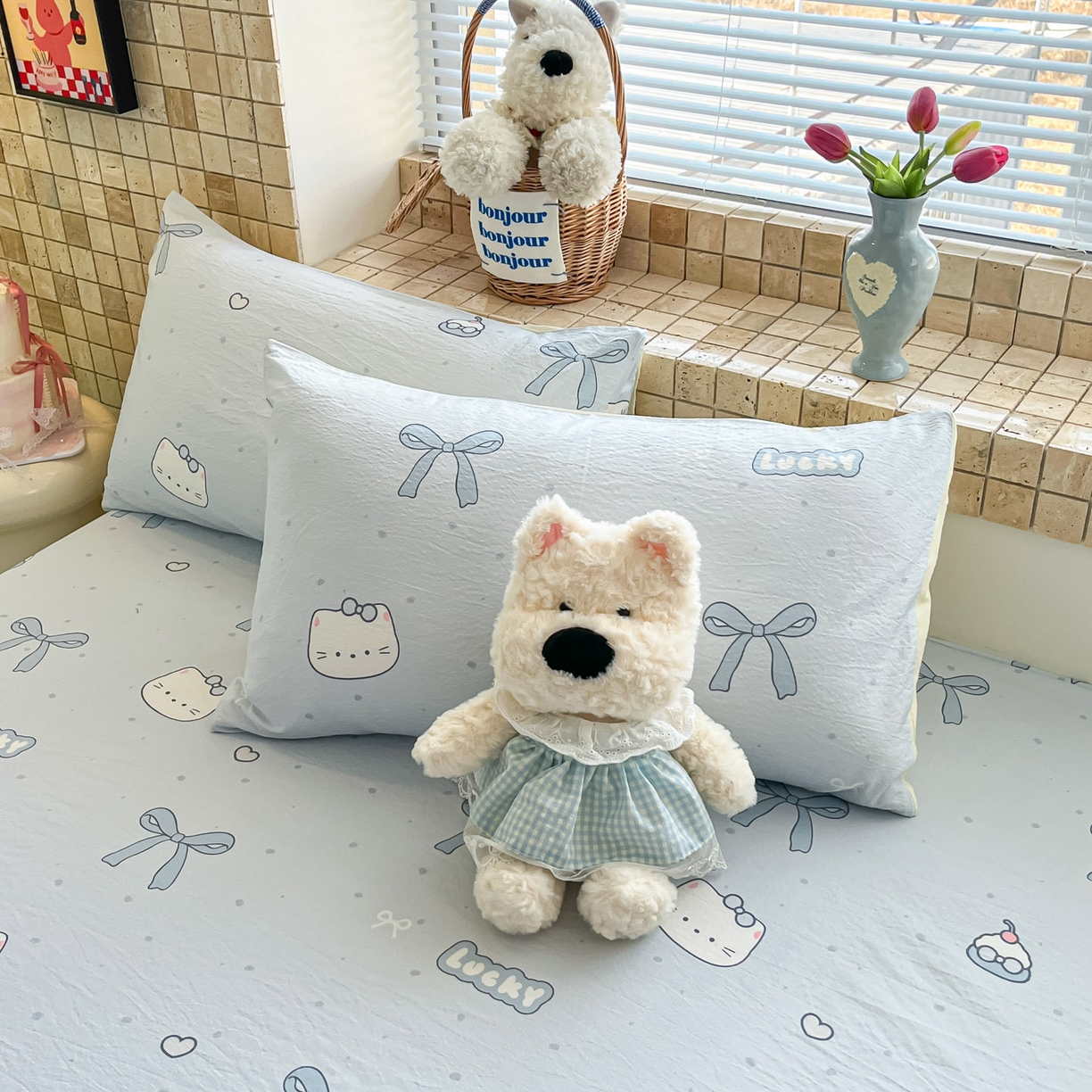 91家纺网 家纺一手货源 找家纺 川悦生活 2026春夏新款双层纱皱皱纱单床笠床笠单件 床笠海盐小咪