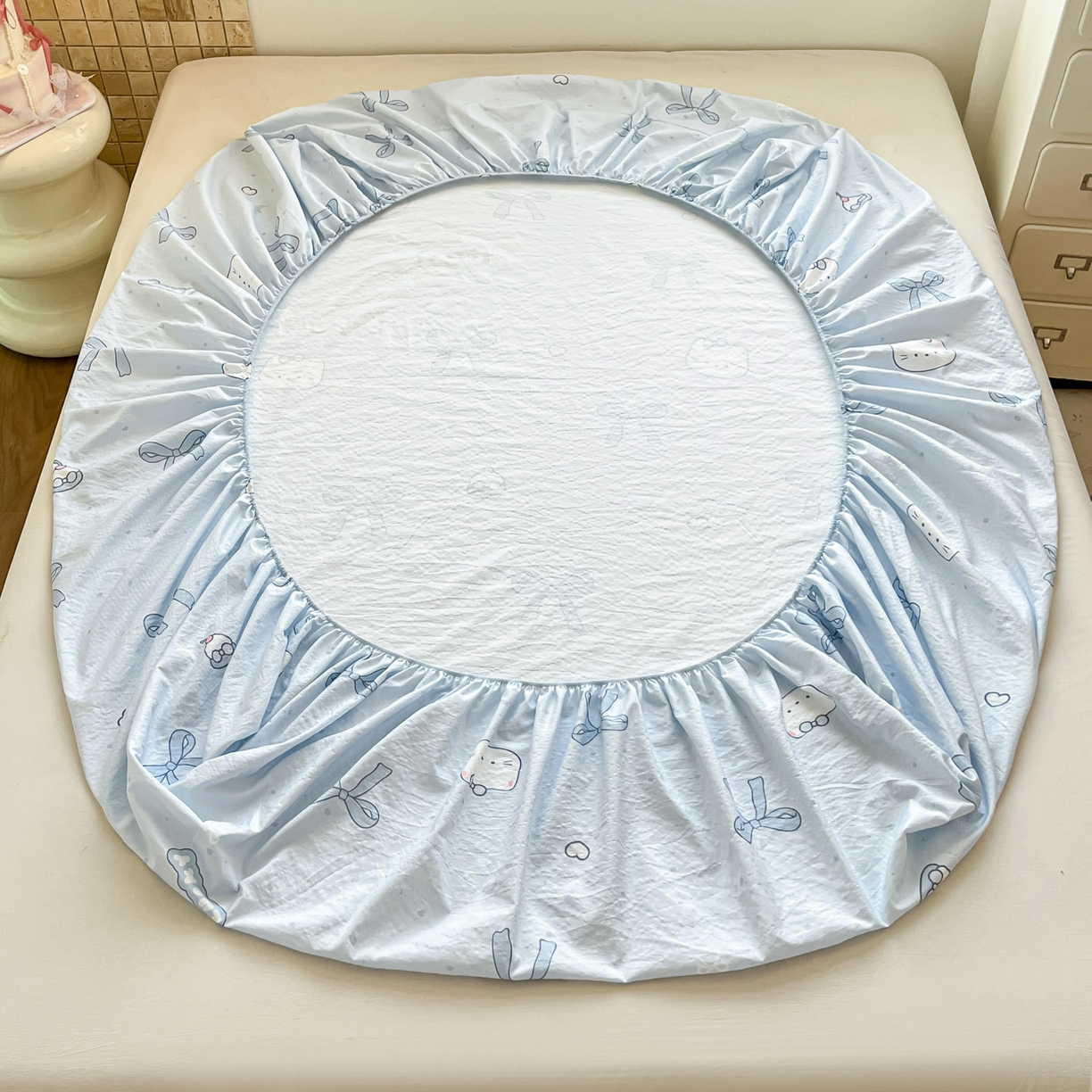 91家纺网 家纺一手货源 找家纺 川悦生活 2026春夏新款双层纱皱皱纱单床笠床笠单件 床笠海盐小咪