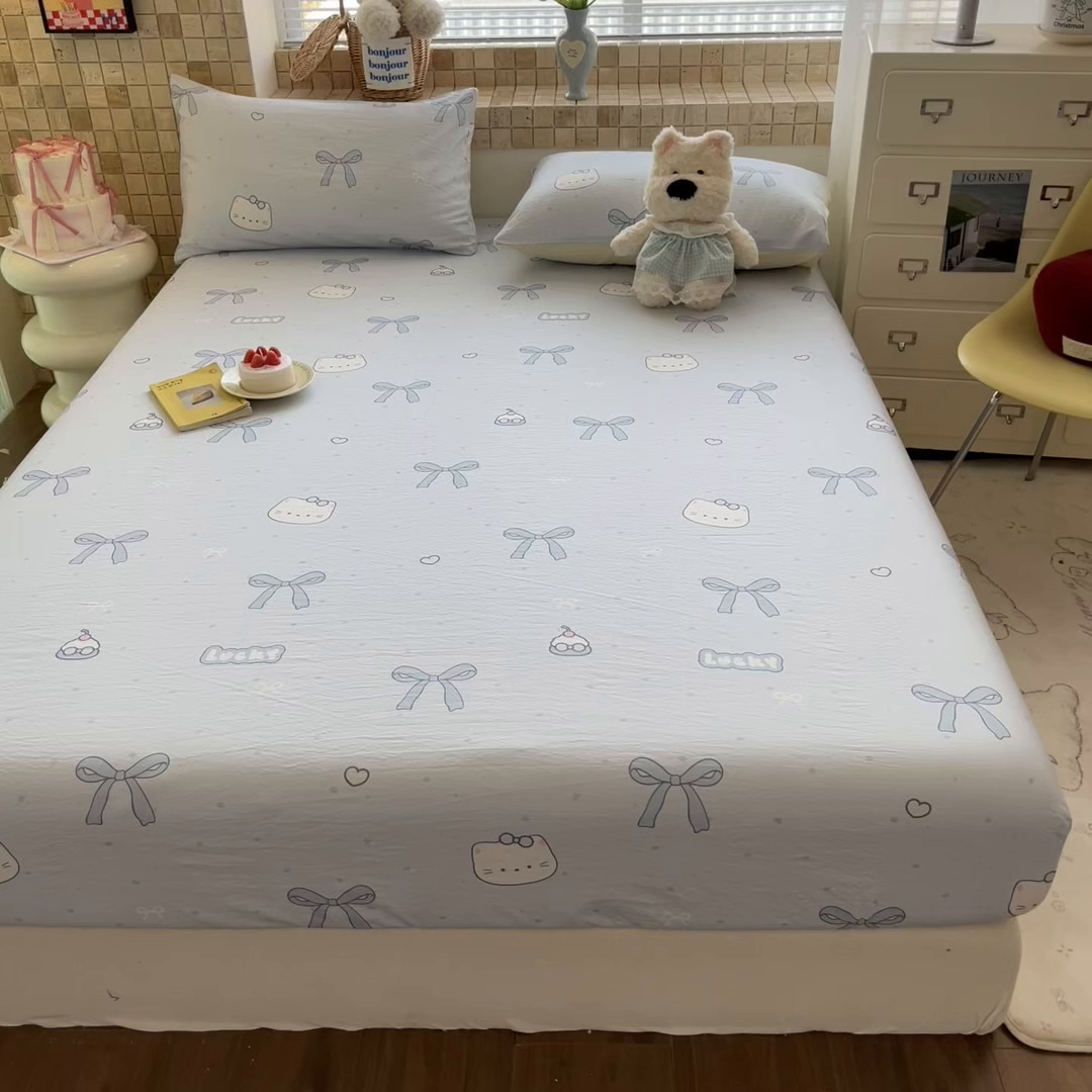 91家纺网 家纺一手货源 找家纺 川悦生活 2026春夏新款双层纱皱皱纱单床笠床笠单件 床笠海盐小咪