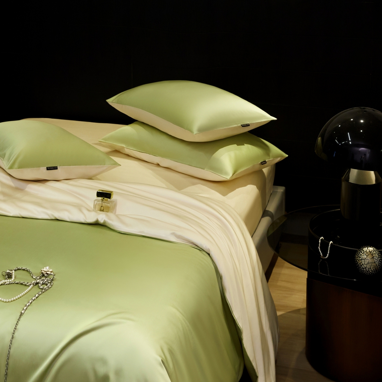 91家纺网 家纺一手货源 找家纺 秀色家纺 2026新款100Pro+高级感轻奢天丝四件套长绒棉新疆纯色双拼凉感夏季裸睡4件 Air天丝棉-抹茶奶白