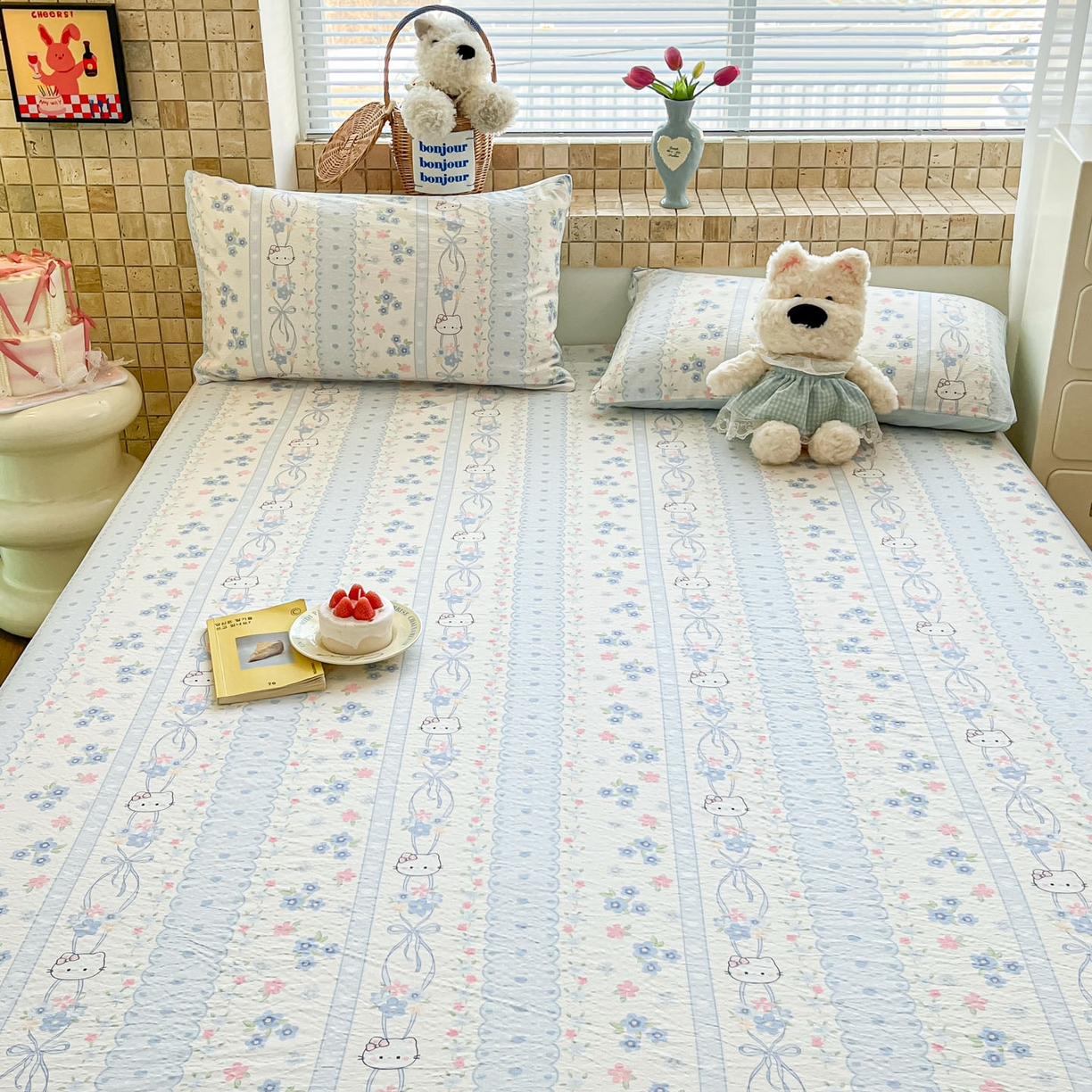 91家纺网 家纺一手货源 找家纺 川悦生活 2026春夏新款双层纱皱皱纱单床笠床笠单件 床笠花艺喵喵