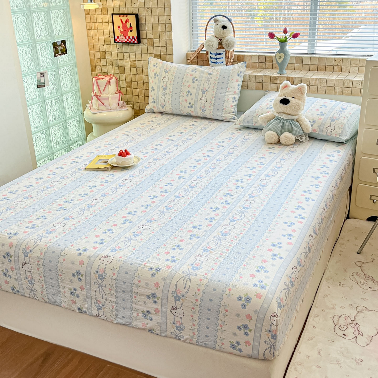 91家纺网 家纺一手货源 找家纺 川悦生活 2026春夏新款双层纱皱皱纱单床笠床笠单件 床笠花艺喵喵