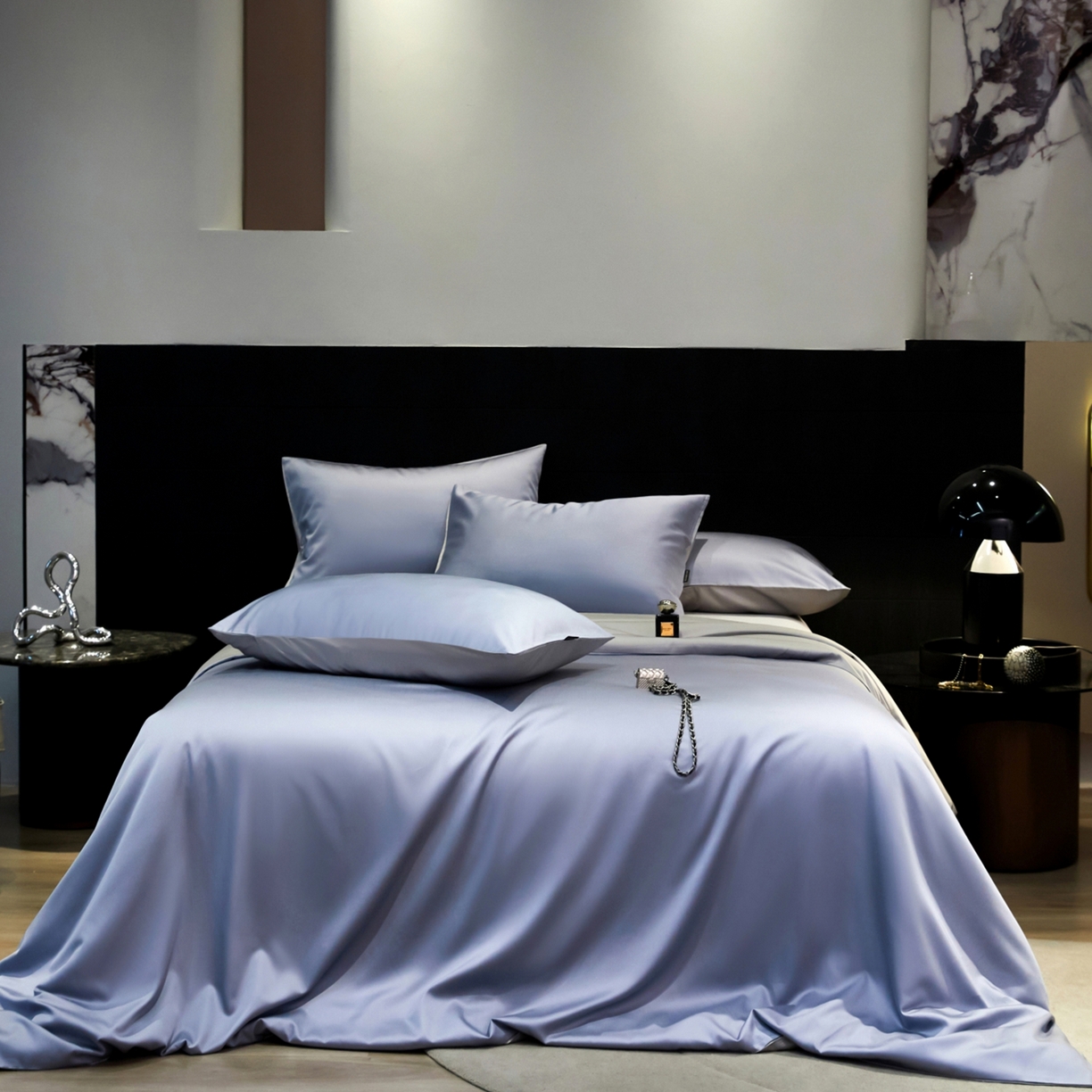 秀色家纺 2026新款100Pro+高级感轻奢天丝四件套长绒棉新疆纯色双拼凉感夏季裸睡4件 Air天丝棉-星雾蓝+幻影灰